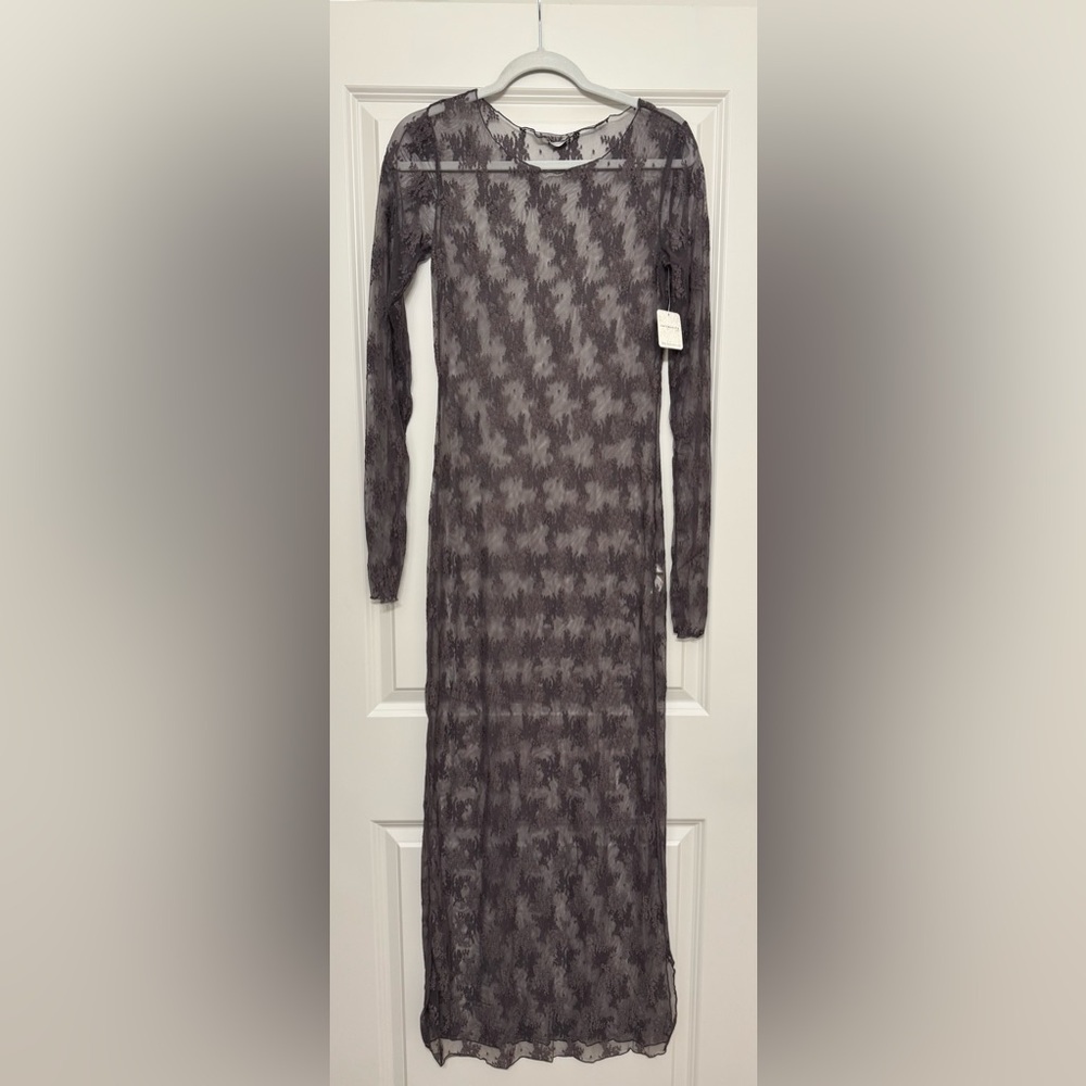 NWT Free People Dark Gull Grey Sheer Star Lace Maxi Dress Medium - Picture 4 of 12